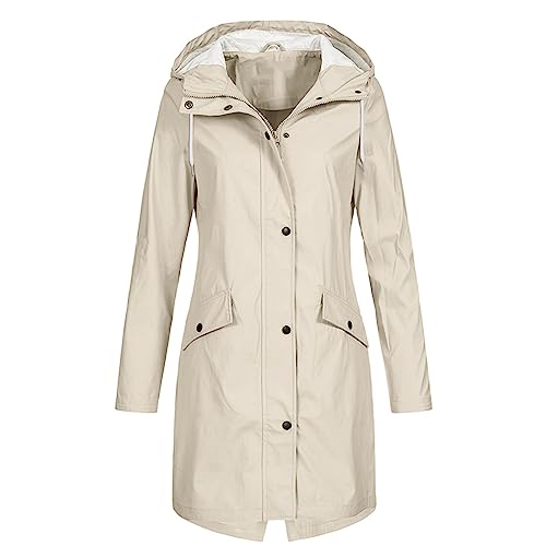 Regenjacke Damen Wasserdicht Winddichter Atmungsaktiv Regenmantel Regenparka mit Kapuze Leichte Dünne Windbreaker Übergangsjacke Große Größen Fahrrad Windjacke Trenchcoat 273 Beige L