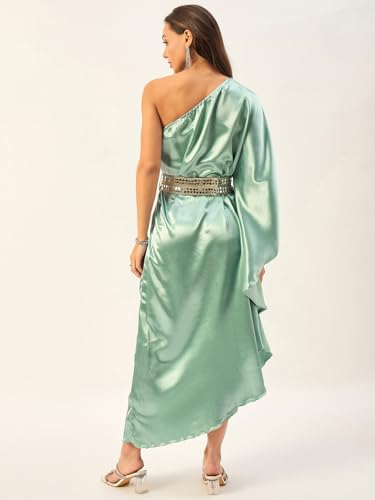 Image of DRAPE AND DAZZLE Women one Shoulder Kaftan Dress with Mirror Work Belt | Summer Westner Wear Dress| DD-115