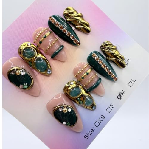 Handmade Emerald Green and Gold Press-On Nails, 10pc 3D Sculpted