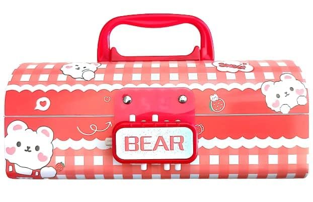 Image of Invite Kids Pen & Pencil Box - Suitcase Style Password Lock Pencil Case | Multi-Layer Stationery Organizer for Boys & Girls | Return Gift Item for Kids (School Supplies) (RBPB - RED Bear)