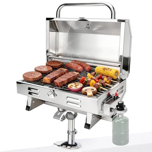 Boat Grill with Rod Holder Mount Large Cooking Area for 4-5 People Thickened 304 Stainless Steel 3-Min Setup Fast and Even Heating Easy to Clean Portable for Marine & Land Use 1 Year Warrnaty