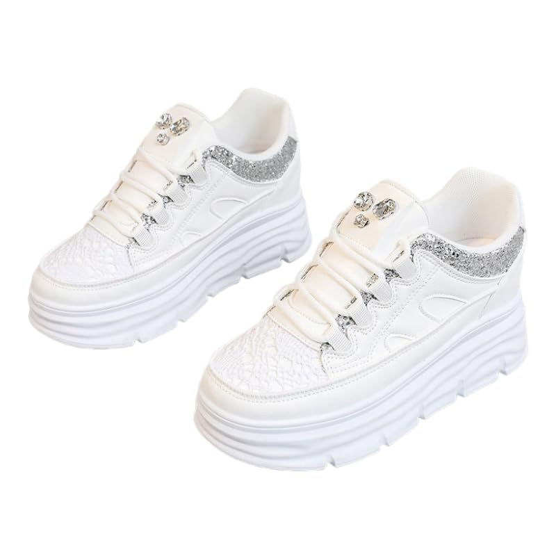 Women's Platform Sneakers Fashion Chunky Casual Walking Shoes Sparkly Rhinestone Fashion Lace Ups Trainers
