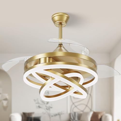 Image of oltao Enigma Modern 42-Inch Dimmable Chandelier Ceiling Fan - Gold | with Copper BLDC Motor & Retractable Blades | Summer-Winter Mode LED Light Fan with Remote & App Control - for Living Room