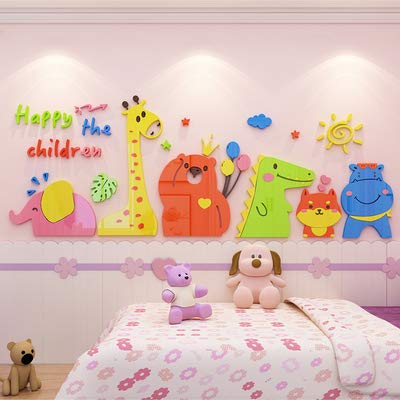 Pegatinas de pared de dibujos animados de animales acrílicos para jardín de infantes, tema de protección del medio ambiente, decoración de pared pegatinas de diseño de habitación de los niños