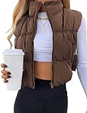 Athlisan Womens Cropped Puffer Vest Zip Up Stand Collar Lightweight Sleeveless Padded Gilet with Pockets(Brown-S)