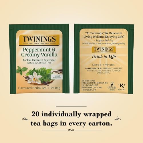 Twinings Peppermint & Creamy Vanilla Tea - A Crisp, Balanced Herbal Tea, Formerly Buttermint, Naturally Caffeine-Free Tea Bags, Individually Wrapped, 20 Count (Pack of 2)