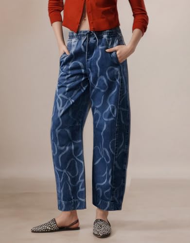 Kedera High Rise Bow Print Barrel Jeans for Women Wide Leg Denim Pants Baggy Boyfriend Jeans with Pockets3