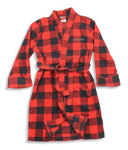Calvin Klein Kids Little Toddler Boys Loungewear Sleepwear, Cuffed-Sleeve Soft Bathrobe Pajamas Pj, Red Buffalo Plaid, X-Large US