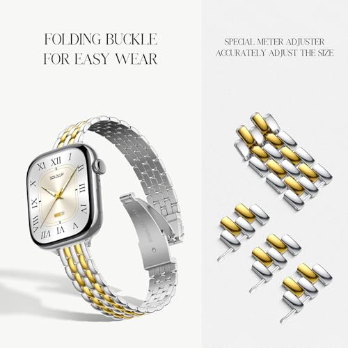 SOLOLUP Slim Metal Band Compatible With Apple Watch Bands for Women Series 11 10 9 8 7 6 5 4 3 SE 3/2/1,Thin Dressy Stainless Steel Strap Elegant Band for iWatch Bands 38mm 40mm 41mm 42mm,Silver-Gold - image 4