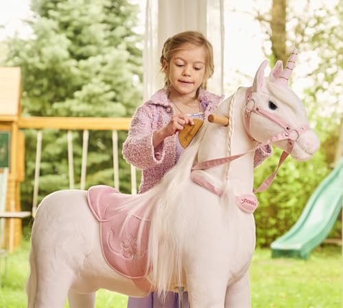Ponnie Reitpferd mit Rollen Unicorn M (5-12 Jahre), Spielpferd zum Reiten mit Abnehmbarer Rosa Sattel und Halfter mit Zaumzeug, Kämmbare Mähne und Schwanz, Plüschpferd zum Reiten für Kinder