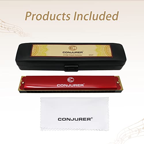 Image of CONJURER Mouth Organ 24 Holes Key of C with Case for Professional Player Beginner Students, Harmonica Harp for Beginner, Professional, Gifts (Red,24T)