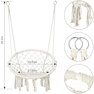 Macrame Hammock Chair Swing with Hardware Kits, Handmade Knitted Hanging Chair for Bedroom,Indoor,Outdoor, Balcony, Yard, Porch- 265 Pound Capacity -29.53" L x 29.53" W x 45.28" H