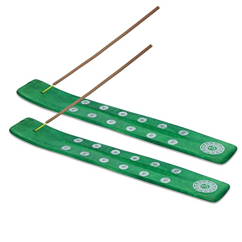 Bless-International Traditional-Handmade-Burner Wooden-Incense-Stick-Holder Ash-Catcher-Stand for-Aromatherapy-Meditation-Yoga (Earth Green) 10 Inches, Pack of 2