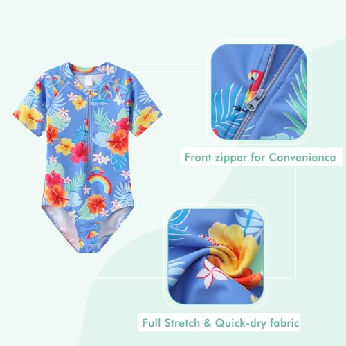 Image of Girls One Piece Swimsuits Short Sleeve Rash Guard for Girl Hawaiian Bathing Suit with Sun Protection Beachwear
