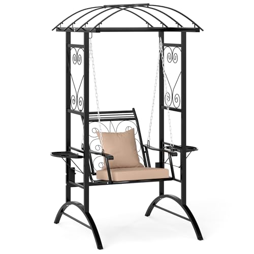Tangkula Porch Swing with Stand, Outdoor Patio Swing with Heavy-Duty