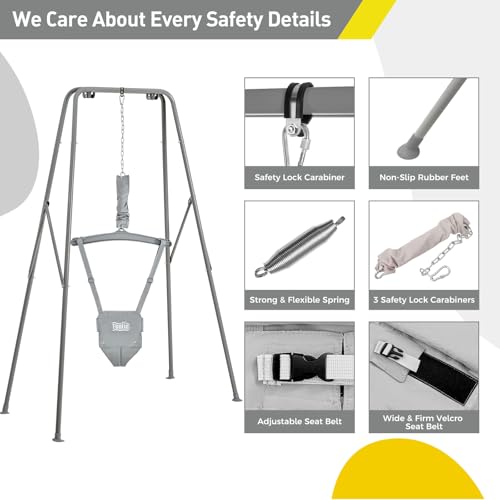 Image of FUNLIO 2 in 1 Swing Set for Toddler & Baby Jumper, Heavy Duty Kids Swing & Bouncer with 4 Sandbags, Foldable Metal Stand for Indoor /Outdoor Play, Easy to Assemble and Store - Grey
