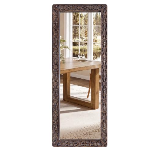 Image of Wooden Bathroom Wall Mirror,Solid Wood Frame,52x20x1.25 Burnt Brown | Farmhouse Decorative Wall Mirror for Bathroom, Bedroom, Living Room & Entryway, Vertical /Horizontal Hanging