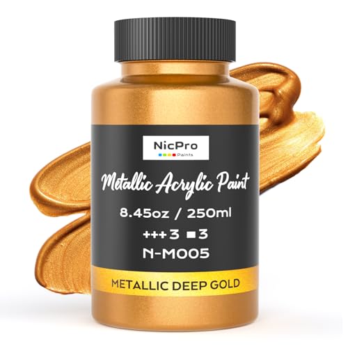 Image of Nicpro Metallic Deep Gold Acrylic Paint, 8.45oz /250ml Large Gold Leaf Paint | Non Toxic, Non Fading Craft Paints for Metal, Wood, Clay, Fabric, Canvas, Furniture, Handcrafts, Art Supplies