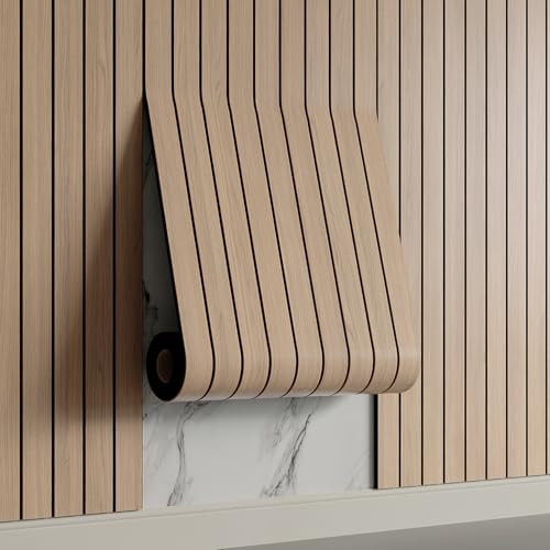 Yutianli PVC Slat Wall Panel Peel and Stick 236'x 15.7' Faux Wood Slat Panel Artificial Oak Wood Grain Self-Adhesive Soundproof 3D Wall Panel for Walls and Ceilings