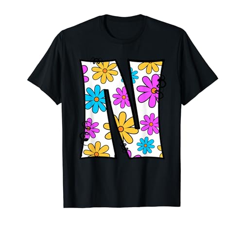 Retro Groovy Daisy inicial N letra monograma nombre floral Y2K Camiseta