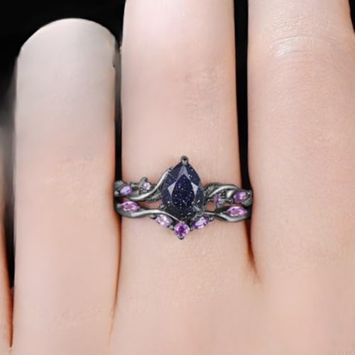 IVANKA 1.25ct Nature Inspired Pear Galaxy Blue Sandstone Amethyst Bridal Set Unique Twig Vine Teardrop Blue Goldstone Black Gold Wedding Ring Set Sandstone Wedding ring set Amethyst Band Engagement Ring set3