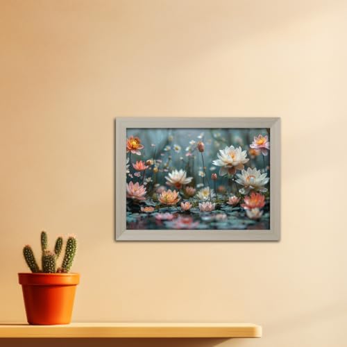 Image of TenorArts Lotus Flowers Photo Frame Vastu Positivity Aesthetic Wall Painting Lucky Art Frames with White Wooden Texture for Living rooms Office Bedroom - Wall Paintings /Hangings (12inches x 9inches)