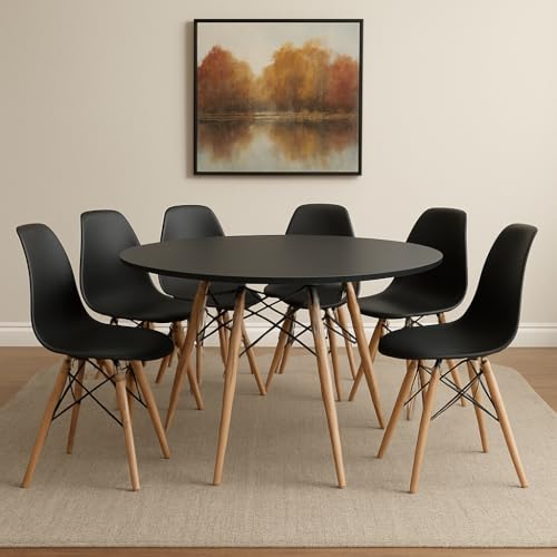 Conjunto de Mesa de Jantar Eames Eiffel Redonda 120cm Tampo de Madeira com 6 Cadeiras Eiffel Charles Eames (Preto)