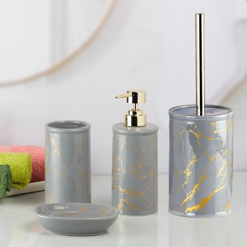 Image of Kookee Ceramic Bathroom Accessories 5 Piece, Modern Bath Set with Liquid handwash Soap Dispenser and Toilet Brush Holder, Luxury Gift Accessory for Home (11055)