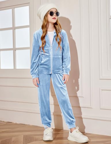 Image of Arshiner 2 Piece Outfits for Girls Kids Velour Tracksuit and Jogger Set | Size 5-14Y, Velvet Sweatsuit with Zipper for Fall /Winter, Suit for School, Workout, Jogging, or Casual Occasions