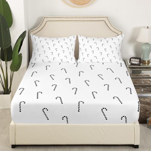 Christmas Candy Kids Fitted Sheet Double Size,Merry Christmas Cartoon Candy Bedding Set,Girls Women Room Decor,Sweet Candy Happy New Year Xmas Bed Cover,Black White Bed Sheet,2 Pillowcases - Image 2
