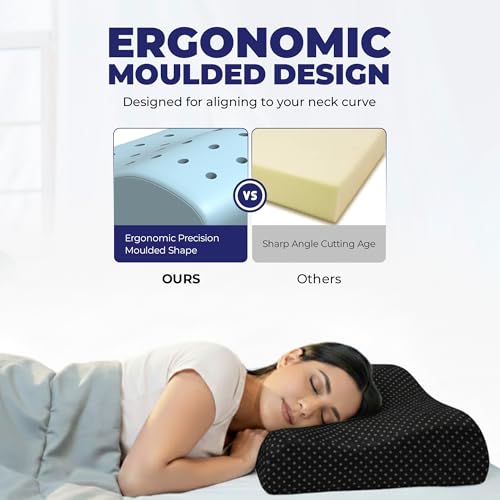 Image of WELLGIVER Cervical Gel Memory Foam Pillow for Neck Pain Relief - Ergonomic Orthopedic Pillow for Sleeping, Contoured Support for Side, Back & Stomach Sleepers | Black | Pack of 1| 19 x 11 x 3.5 Inch
