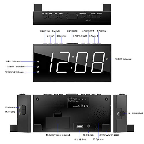 Alarm Clocks for Bedrooms LED Digital Clock Bedside Alarm Clock for Heavy Sleepers Dual Clock with USB Charger, Large White Digit Display, Big Easy Set Full Range Brightness Dimmer¡