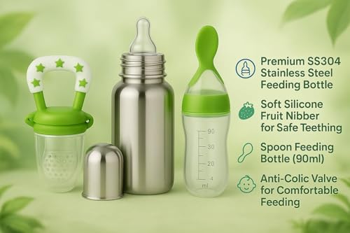 Image of Shark Doo Doo Stainless Steel Bottle for Babies (0-12 Months) - 250ml with Silicone Cleaning Brush (Combo Pack) | BPA Free (SS 6in1 Combo Green)