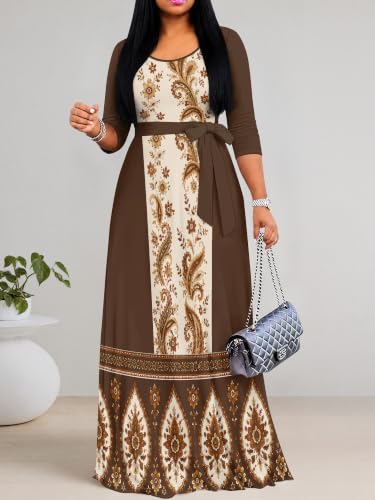 Image of Women's V Neck Floral Maxi Dress 3 /4 Sleeve Plus Size Boho Wrap Flowy Long Dresses with Belt