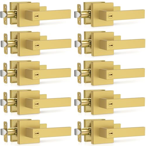 Plustool 10 Pack Brushed Gold Door Handles Interior Door Knob Heavy Duty Flat Square Privacy Door Locks Keyless Door Leverset for Bedroom and Bathroom