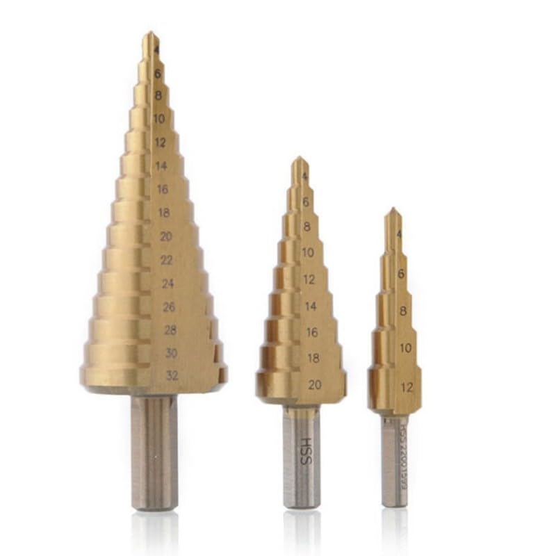 Juego de brocas escalonadas, 3 piezas, acero HSS, cortador de agujeros cónicos, tamaño múltiple, 4-12 mm, 4-20 mm, 4-32 mm, herramienta de biselado para acero, latón, madera, plástico, pistola