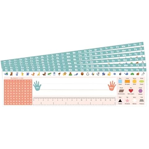 Phyxin 60PCS Desk Nameplates for Classroom, Waterproof & Reusable Traditional Manuscript Name Plates, Desk Name Tag with Alphabet, Number Line, Ruler (7.9" x 3.1") Cover