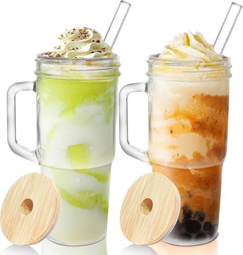 ONEHAUS Lot de 2 gobelets en verre avec couvercles et pailles, 710 ml avec poignée, bocal Mason...