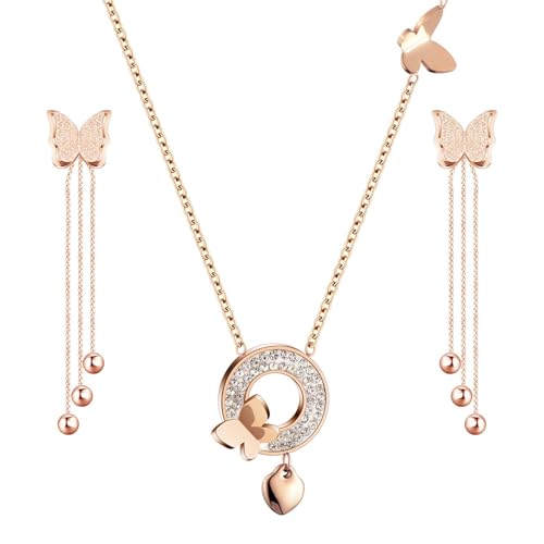 EVEVIC Stainless Steel Butterfly Necklace Earrings Set for Women 14K Gold Plated Hypoallergenic Jewelry Sets