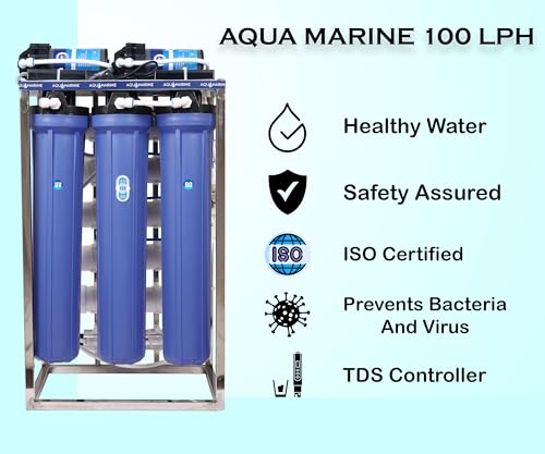 Image of AQUA MARINE 100 LPH Commercial RO Water Purifier System ROPlant 100Liter Per hour Stainless Steel Fully Automatic with auto shut off sensor TDS adjuster and Cover uv inbuilt (100LPH)