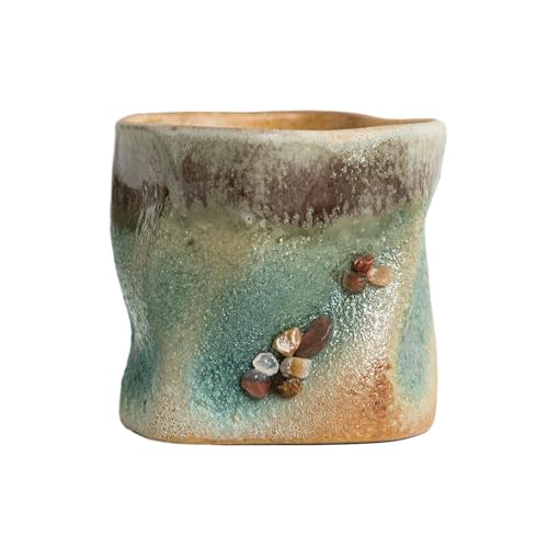 Taza creativa de estilo japonés con forma de cerámica de 300 ml, sin asa, taza irregular sin asa, cambio gradual verde