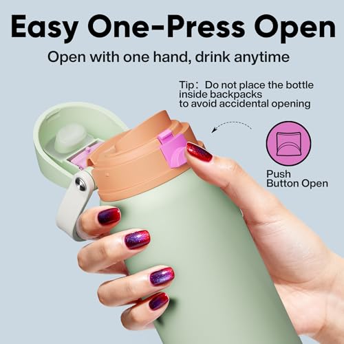Image of Insulated Water Bottle with Straw - Encool Stainless Steel Water Bottle with Push Button Lid, Leak-Proof & BPA-Free, Keeps Cold for 24 Hours for Sports, Travel, Gym (32 oz, Geyser Green)
