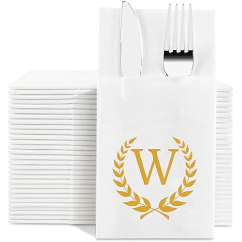 Monogram Disposable Napkins with Pocket, 100pcs Gold Monogram Pocket Napkins - Letter W Dinner Napkins with Built-in Flatware Pocket for Silverware, Kangaroo Napkins for Party, Wedding (W, Gold) Cover
