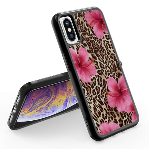 Axulimin Cute Pink Hibiscus Flowers Leopard Cheetah Print Aesthetic Phone Case for iPhone X & iPhone Xs Case for Women Girls -5.8Inch