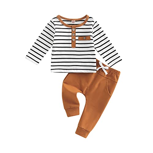 Toddler Infant Baby Boy Clothes Long Sleeve Striped T-Shirt Pullover Tops Solid Pants 2Pcs Fall Winter Outfits (Caramel, 12-18 Months) #TOP21