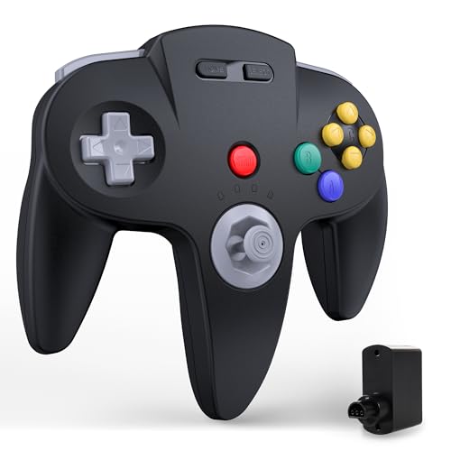 miadore 2,4 GHz Funk-Controller N64, N64 Empfänger, Wiederaufladbar, Plug & Play, mit Rumble-Funktion – Kompatibel mit N64 Konsole (schwarz)