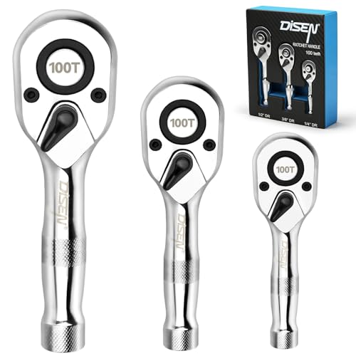 DISEN 3-Piece Stubby Ratchet Set – 1/4", 3/8", 1/2" Drive | 100-Tooth Ratchet with EVA Storage Tray | Quick Release Button | Non-Slip Grip | Reversible 3.6° Design for Tight Spaces, Chrome Finish