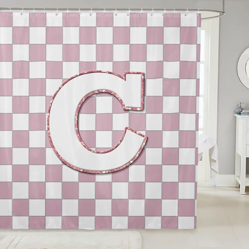 Image of Erosebridal Pink Initial C Bathroom Curtain Kawaii Plaid Checkered Shower Curtain 72 inch Wx78 L Cute Personalized Monogram Bathroom Accessories for Kids Girls,Fashion Grids Gingham Shower Decor