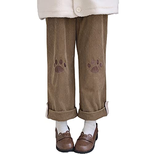 Image of Cute Cat Paw Embroidery Japanese Style Lolita Loose Corduroy Wide Leg Pants Casual Trousers (Brown, Small)