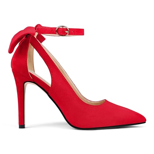 Image of COLETER Womens Back Bow D'Orsay Pumps Pointed Toe Ankle Strap Wedding Heels | 4 Inch Stiletto Heels, Adjustable Ankle Strap, Back Bow Pumps, Formal Evening Bridal Shoes